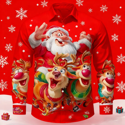 Christmas Men's 3D Graphic Long Sleeve,Street Style Fashion,Cartoon Santa Claus Reindeer Prints Design,2025 Fall Casual Shirt