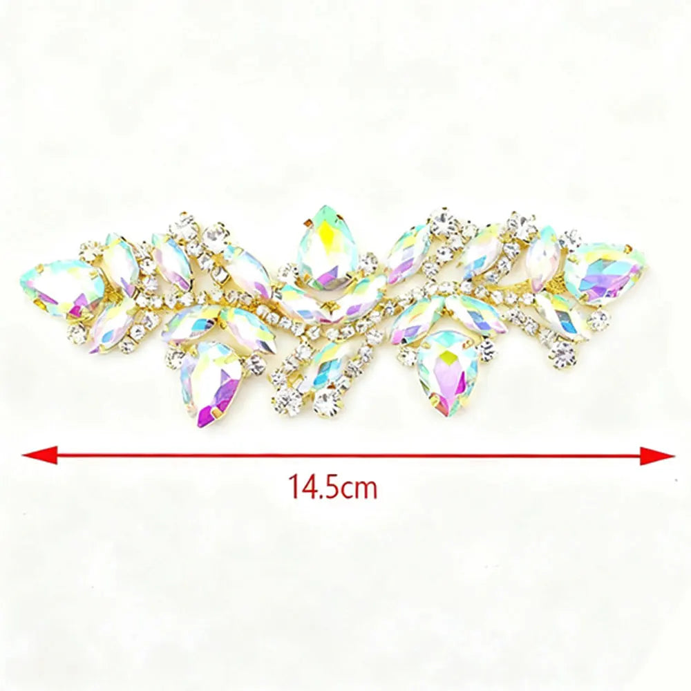 Wedding Dress & Shoe Decoration Appliqué - Gold Silver AB Crystal Leaf Glass Rhinestone Chain Fringe Sew-on Garment Accessory