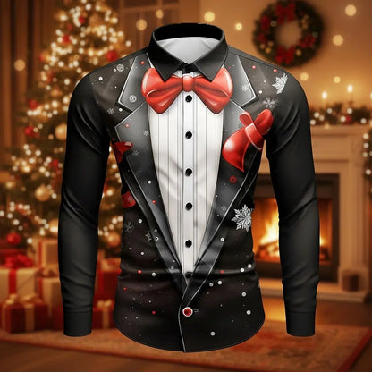 Funny Christmas Men's Christmas Costume Faux Collar and Suit Design Suit Tie Printed Tuxedo Shirt Long Sleeve Button Up Shirt