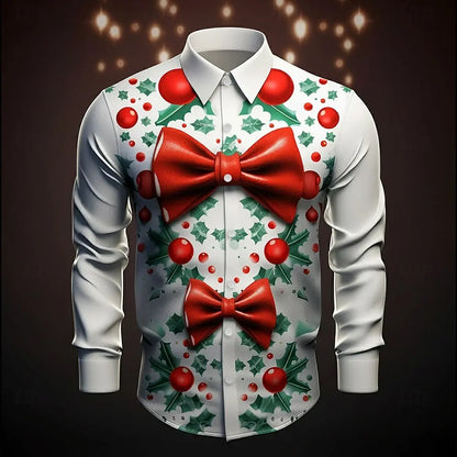Funny Christmas Men's Christmas Costume Faux Collar and Suit Design Suit Tie Printed Tuxedo Shirt Long Sleeve Button Up Shirt