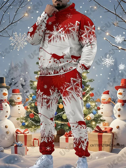 Men's Tracksuit Christmas Elk Snowflakes Print Autumn Winter Long Sleeve Hoodies+Trousers Sets Casual Suit 2 Piece Sets