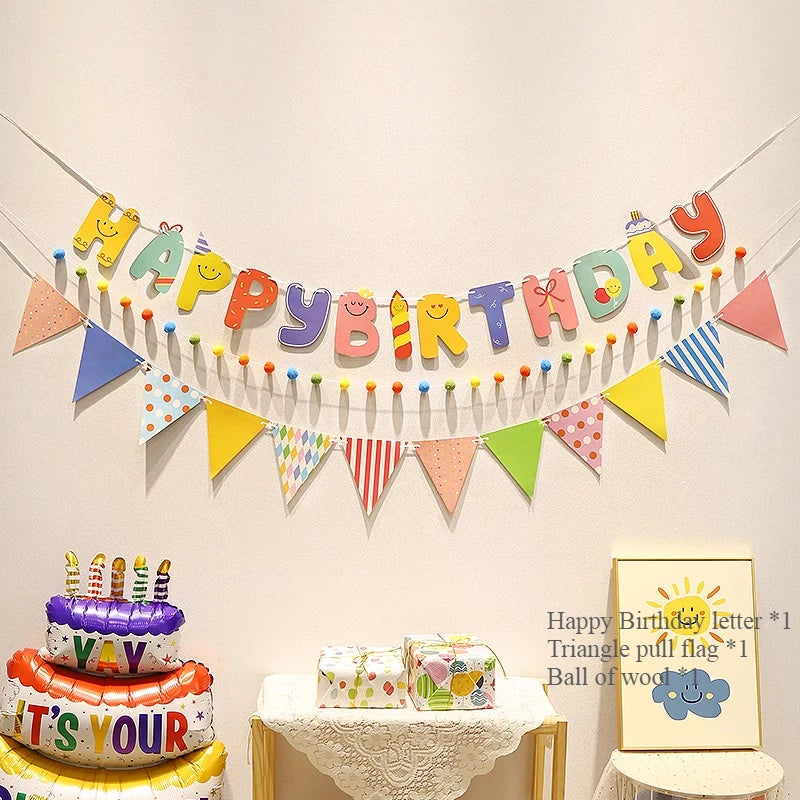 Happy Birthday Hairball Pull Flag Set Decorative Holiday Decor For Adult Children Birthday Home Room Decor Atmosphere New Decor