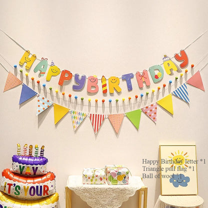 Happy Birthday Hairball Pull Flag Set Decorative Holiday Decor For Adult Children Birthday Home Room Decor Atmosphere New Decor