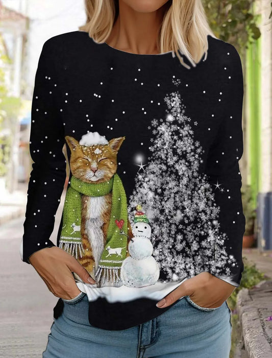 Christmas Women's Long Sleeved T-shirt Casual Holiday Fashion Christmas Cute Cat Holiday gifts Tops Harajuku  Women's Clothing