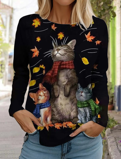 Christmas Women's Long Sleeved T-shirt Casual Holiday Fashion Christmas Cute Cat Holiday gifts Tops Harajuku  Women's Clothing