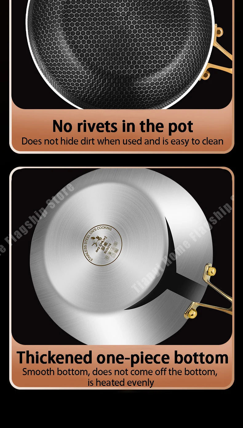 316 Stainless Steel Frying Pan Wok Non-stick Cooking Honeycomb Steak Gas Stove Pot
