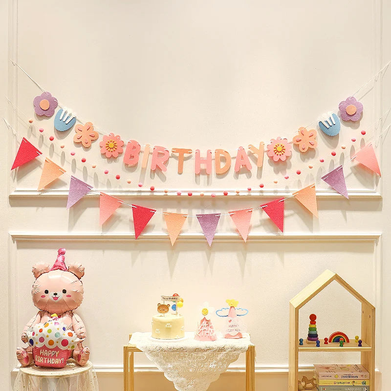 Happy Birthday Hairball Pull Flag Set Decorative Holiday Decor For Adult Children Birthday Home Room Decor Atmosphere New Decor