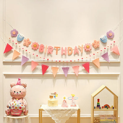 Happy Birthday Hairball Pull Flag Set Decorative Holiday Decor For Adult Children Birthday Home Room Decor Atmosphere New Decor