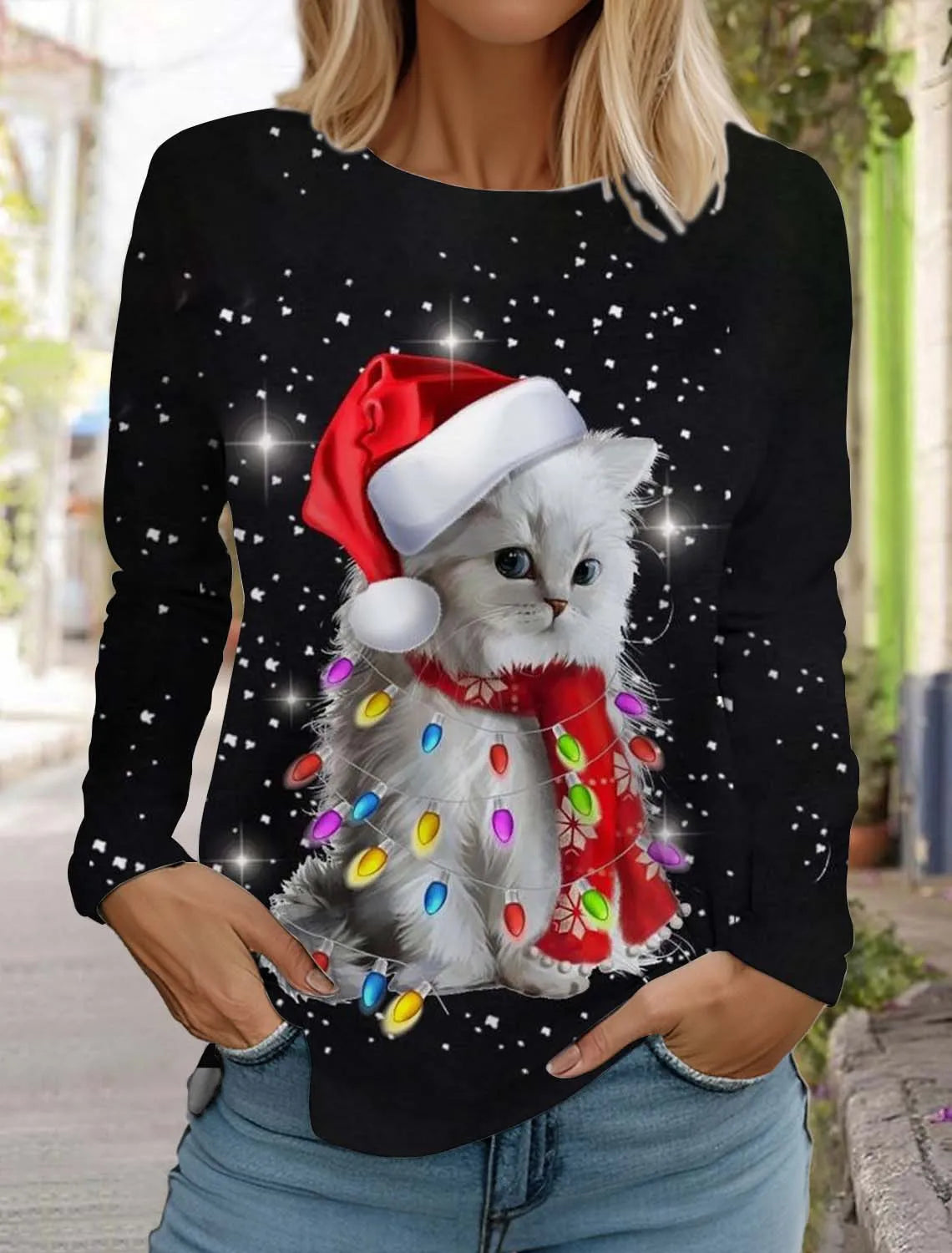 Christmas Women's Long Sleeved T-shirt Casual Holiday Fashion Christmas Cute Cat Holiday gifts Tops Harajuku  Women's Clothing