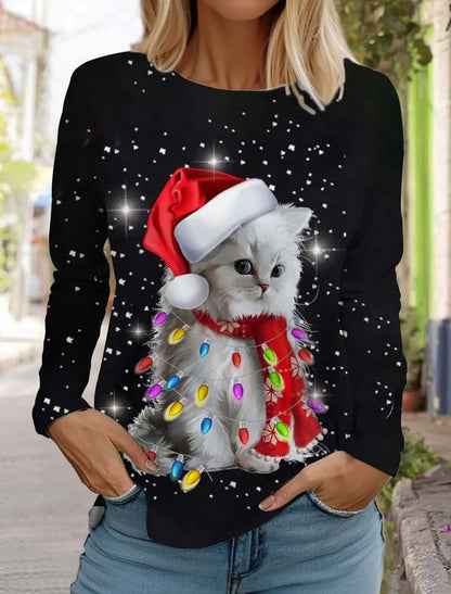 Christmas Women's Long Sleeved T-shirt Casual Holiday Fashion Christmas Cute Cat Holiday gifts Tops Harajuku  Women's Clothing