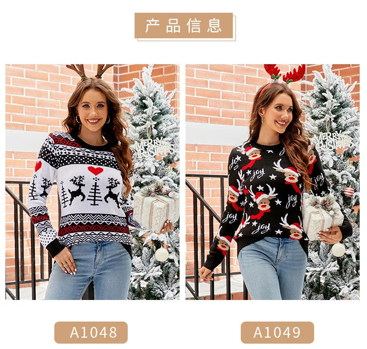 Women's Christmas Knitted Snowflake Sweater Autumn Winter Warm New Round Neck Long Sleeve Printed Fashion Casual Sweater Female