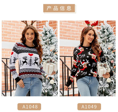 Women's Christmas Knitted Snowflake Sweater Autumn Winter Warm New Round Neck Long Sleeve Printed Fashion Casual Sweater Female