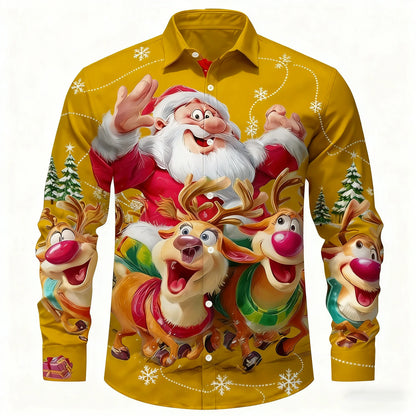 Christmas Men's 3D Graphic Long Sleeve,Street Style Fashion,Cartoon Santa Claus Reindeer Prints Design,2025 Fall Casual Shirt