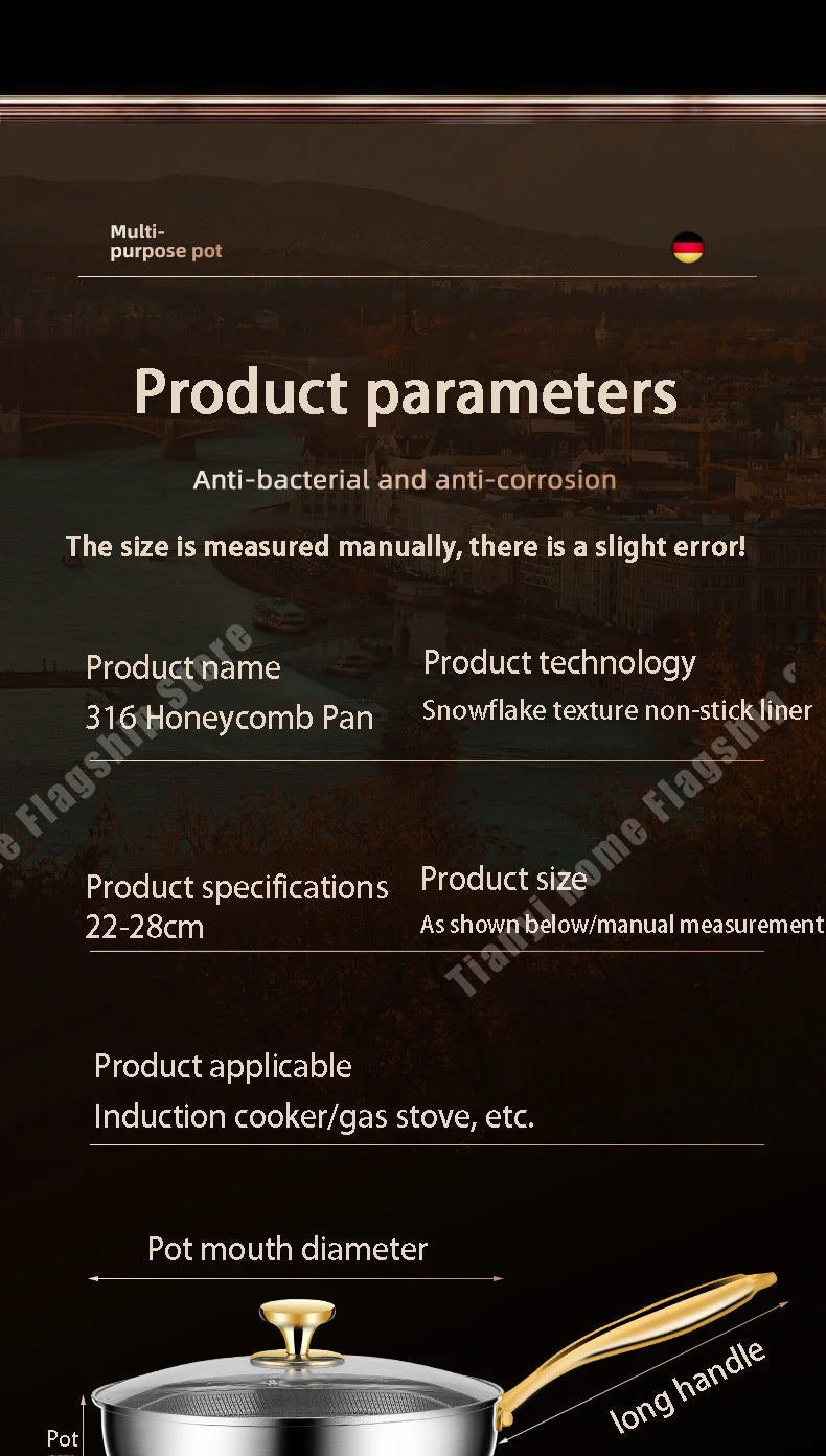 316 Stainless Steel Frying Pan Wok Non-stick Cooking Honeycomb Steak Gas Stove Pot