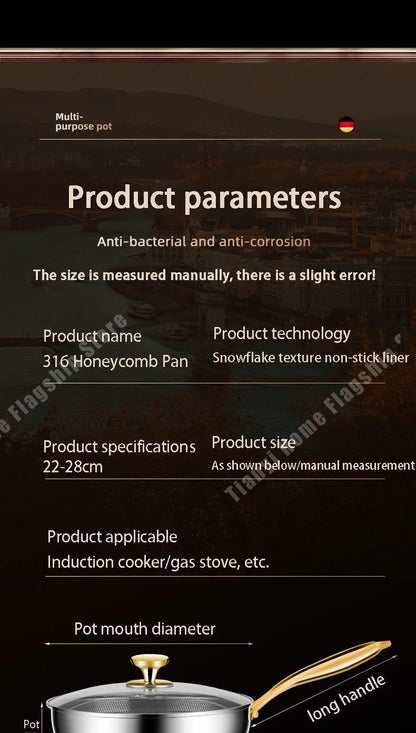 316 Stainless Steel Frying Pan Wok Non-stick Cooking Honeycomb Steak Gas Stove Pot