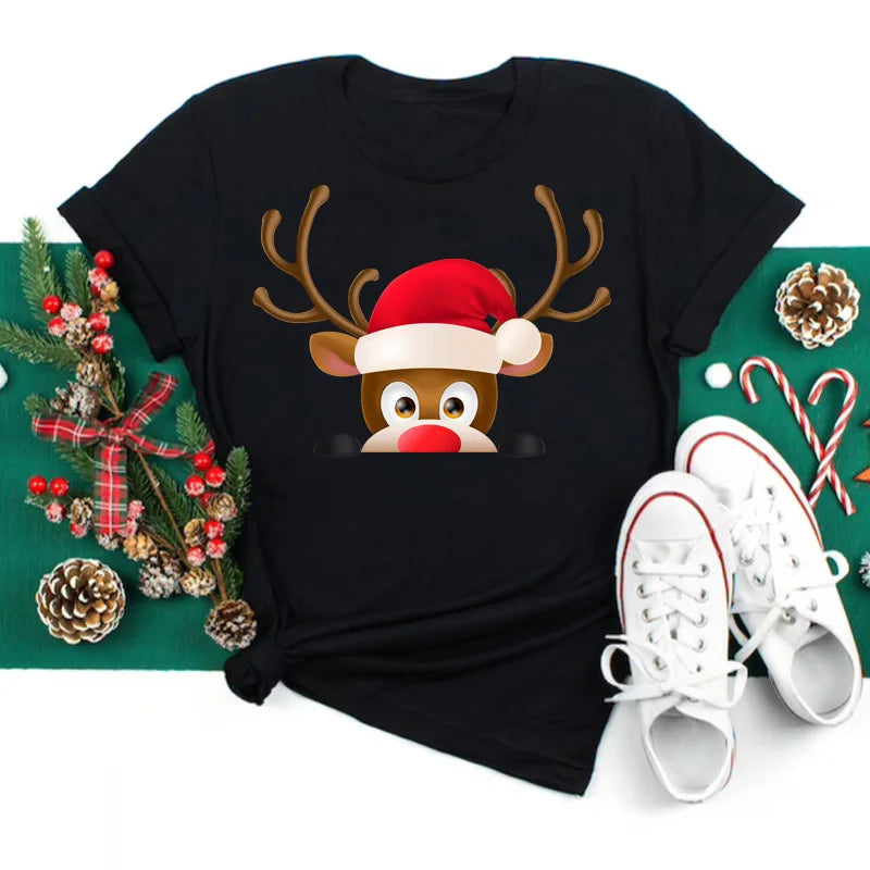 Merry Christmas Women's Short sleeved T-shirt Christmas Tree Santa Claus Letter Print Simple Trendy Trend Women's Clothing