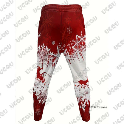 Men's Tracksuit Christmas Elk Snowflakes Print Autumn Winter Long Sleeve Hoodies+Trousers Sets Casual Suit 2 Piece Sets