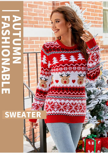 Women's Christmas Knitted Snowflake Sweater Autumn Winter Warm New Round Neck Long Sleeve Printed Fashion Casual Sweater Female