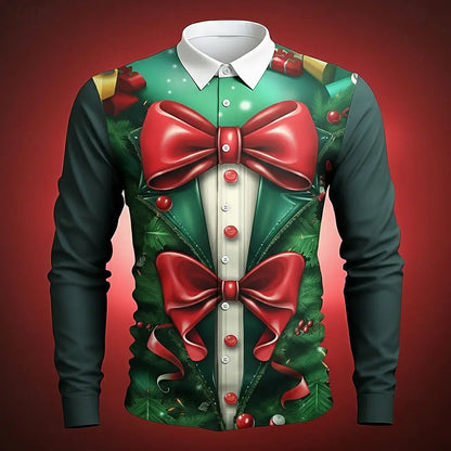 Funny Christmas Men's Christmas Costume Faux Collar and Suit Design Suit Tie Printed Tuxedo Shirt Long Sleeve Button Up Shirt