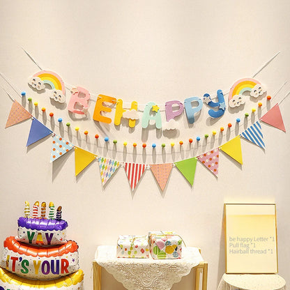 Happy Birthday Hairball Pull Flag Set Decorative Holiday Decor For Adult Children Birthday Home Room Decor Atmosphere New Decor