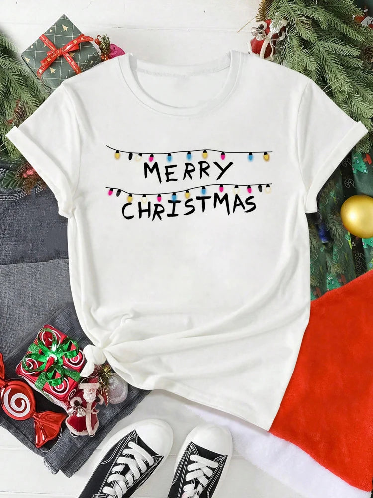 Funny Letter Printed Merry Christmas Women T Shirt Harajuku 90s Girls Christmas T-shirt Red Suitable All Seasons Tshirt Tops