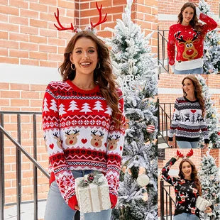 Women's Christmas Knitted Snowflake Sweater Autumn Winter Warm New Round Neck Long Sleeve Printed Fashion Casual Sweater Female