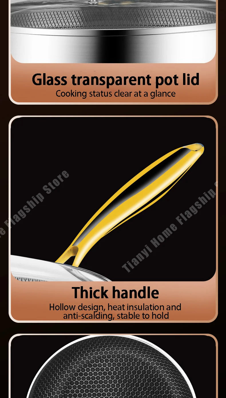 316 Stainless Steel Frying Pan Wok Non-stick Cooking Honeycomb Steak Gas Stove Pot