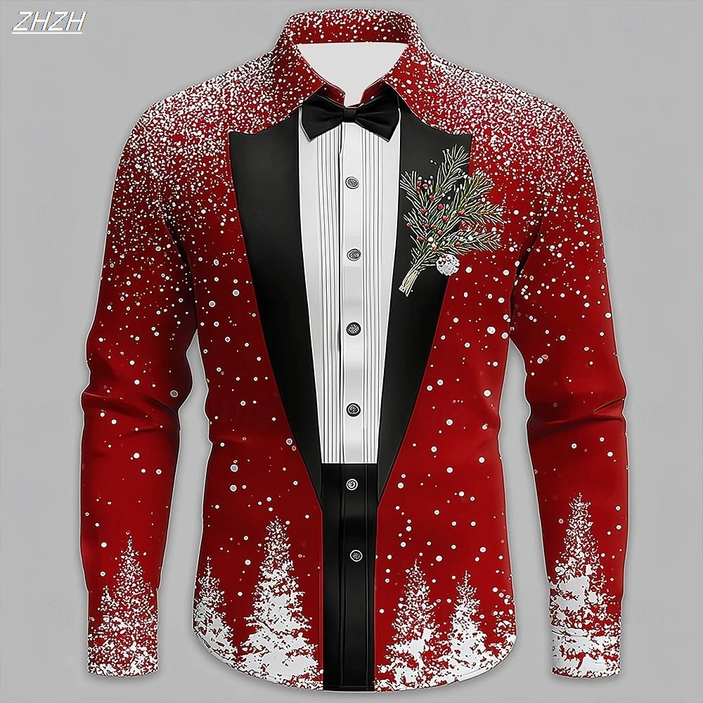 Men's Christmas Snowflake Formal Shirt, 3D Printed Tie Design,Elegant Tuxedo Style,Holiday Party Wedding Attire,Spring Wear