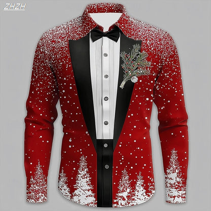 Men's Christmas Snowflake Formal Shirt, 3D Printed Tie Design,Elegant Tuxedo Style,Holiday Party Wedding Attire,Spring Wear