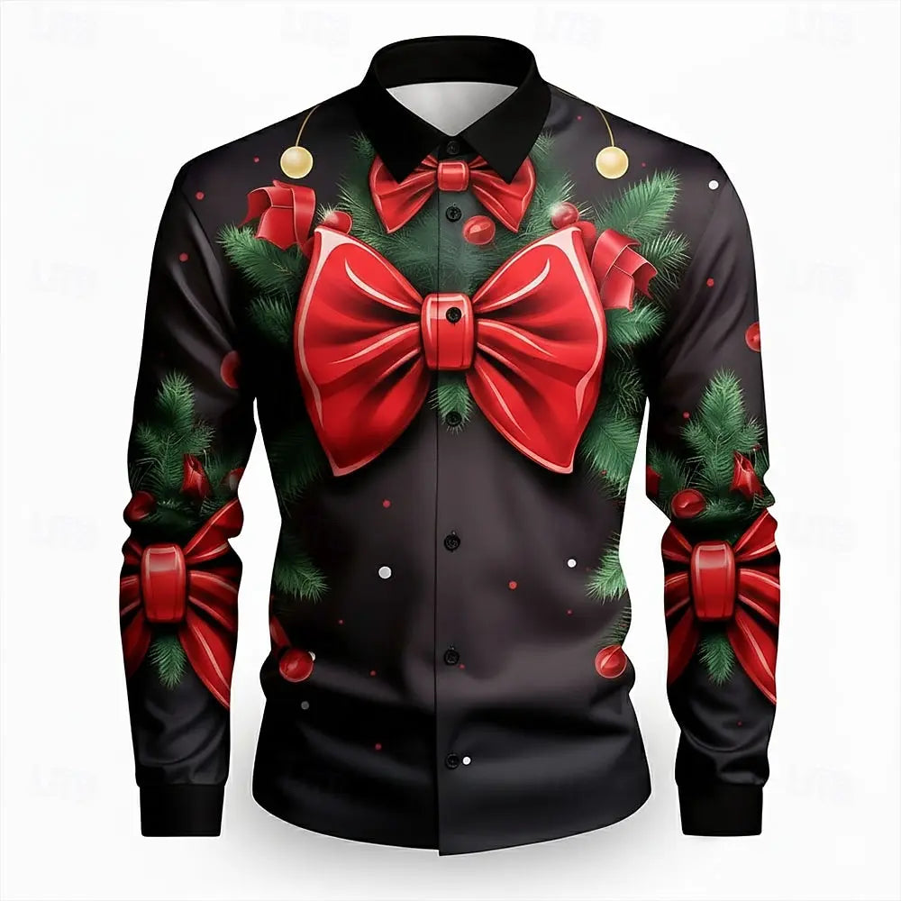 Funny Christmas Men's Christmas Costume Faux Collar and Suit Design Suit Tie Printed Tuxedo Shirt Long Sleeve Button Up Shirt