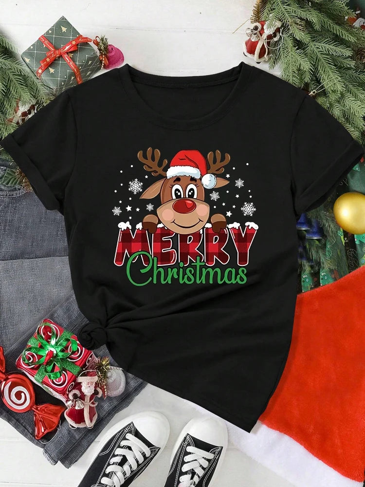 Merry Christmas Cute Reindeer Print Red T-Shirts for Women Casual Short Sleeve O-neck T-Shirts Ladies Christmas Party Tops