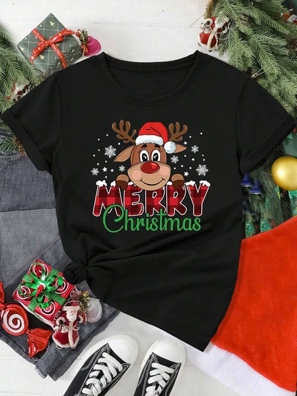 Merry Christmas Cute Reindeer Print Red T-Shirts for Women Casual Short Sleeve O-neck T-Shirts Ladies Christmas Party Tops