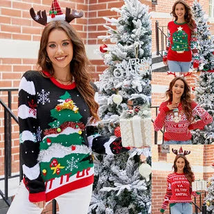 Women's Christmas Knitted Snowflake Sweater Autumn Winter Warm New Round Neck Long Sleeve Printed Fashion Casual Sweater Female
