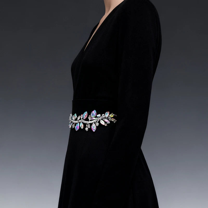 Wedding Dress & Shoe Decoration Appliqué - Gold Silver AB Crystal Leaf Glass Rhinestone Chain Fringe Sew-on Garment Accessory