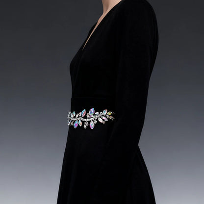 Wedding Dress & Shoe Decoration Appliqué - Gold Silver AB Crystal Leaf Glass Rhinestone Chain Fringe Sew-on Garment Accessory