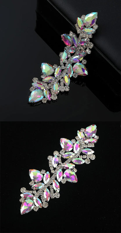 Wedding Dress & Shoe Decoration Appliqué - Gold Silver AB Crystal Leaf Glass Rhinestone Chain Fringe Sew-on Garment Accessory