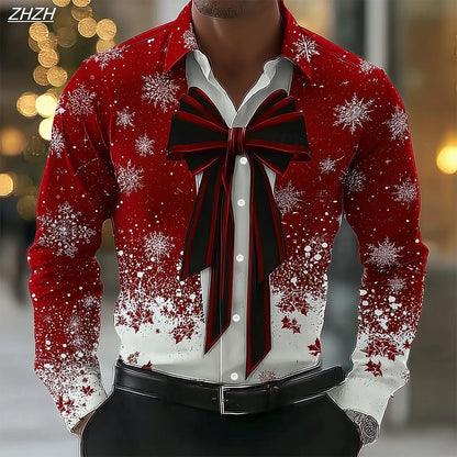 Men's Christmas Snowflake Formal Shirt, 3D Printed Tie Design,Elegant Tuxedo Style,Holiday Party Wedding Attire,Spring Wear