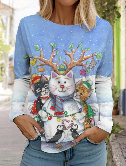 Christmas Women's Long Sleeved T-shirt Casual Holiday Fashion Christmas Cute Cat Holiday gifts Tops Harajuku  Women's Clothing