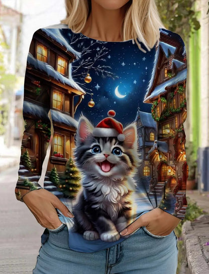 Christmas Women's Long Sleeved T-shirt Casual Holiday Fashion Christmas Cute Cat Holiday gifts Tops Harajuku  Women's Clothing