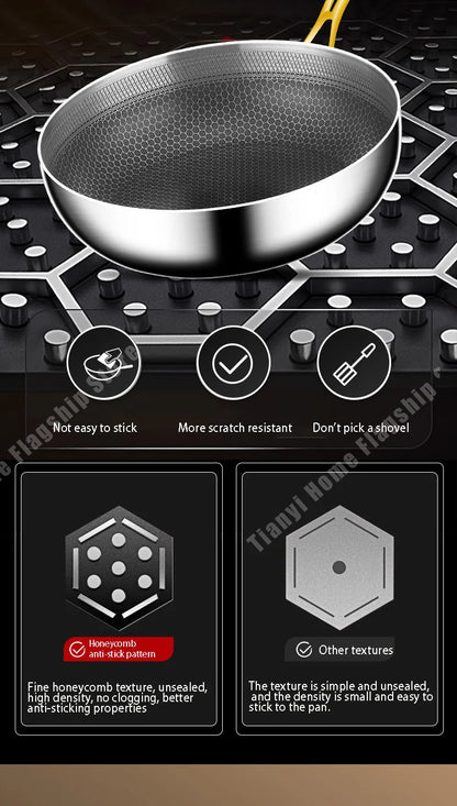 316 Stainless Steel Frying Pan Wok Non-stick Cooking Honeycomb Steak Gas Stove Pot