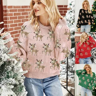 Women's Christmas Knitted Snowflake Sweater Autumn Winter Warm New Round Neck Long Sleeve Printed Fashion Casual Sweater Female