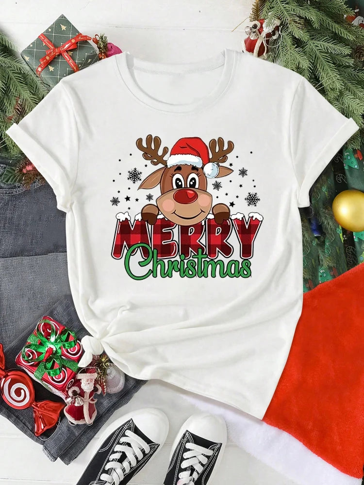 Merry Christmas Cute Reindeer Print Red T-Shirts for Women Casual Short Sleeve O-neck T-Shirts Ladies Christmas Party Tops