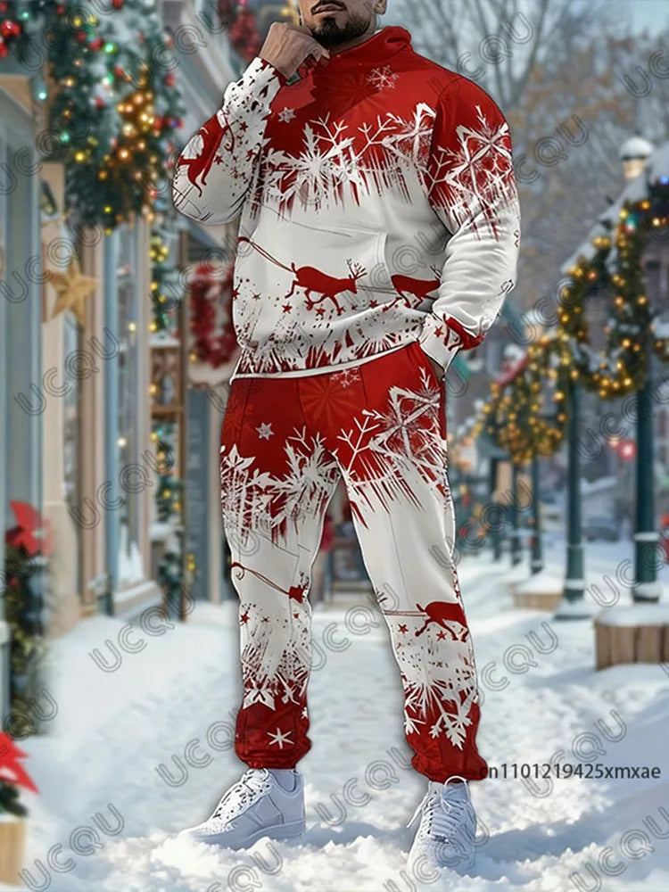 Men's Tracksuit Christmas Elk Snowflakes Print Autumn Winter Long Sleeve Hoodies+Trousers Sets Casual Suit 2 Piece Sets