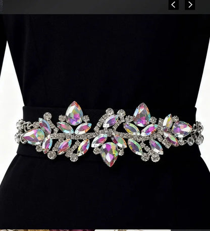 Wedding Dress & Shoe Decoration Appliqué - Gold Silver AB Crystal Leaf Glass Rhinestone Chain Fringe Sew-on Garment Accessory