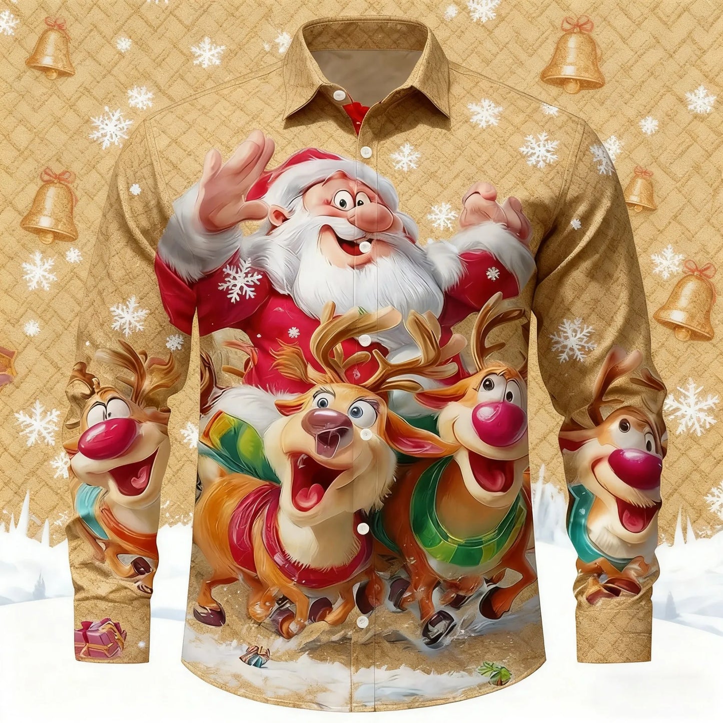Christmas Men's 3D Graphic Long Sleeve,Street Style Fashion,Cartoon Santa Claus Reindeer Prints Design,2025 Fall Casual Shirt