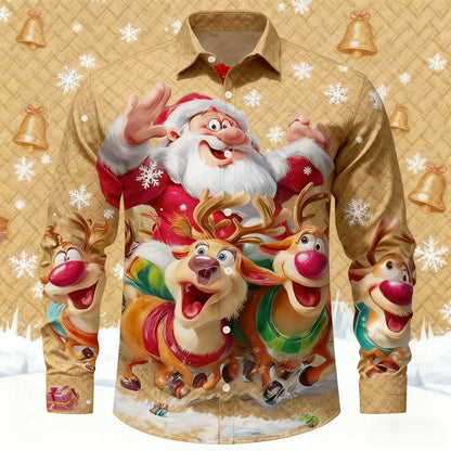 Christmas Men's 3D Graphic Long Sleeve,Street Style Fashion,Cartoon Santa Claus Reindeer Prints Design,2025 Fall Casual Shirt