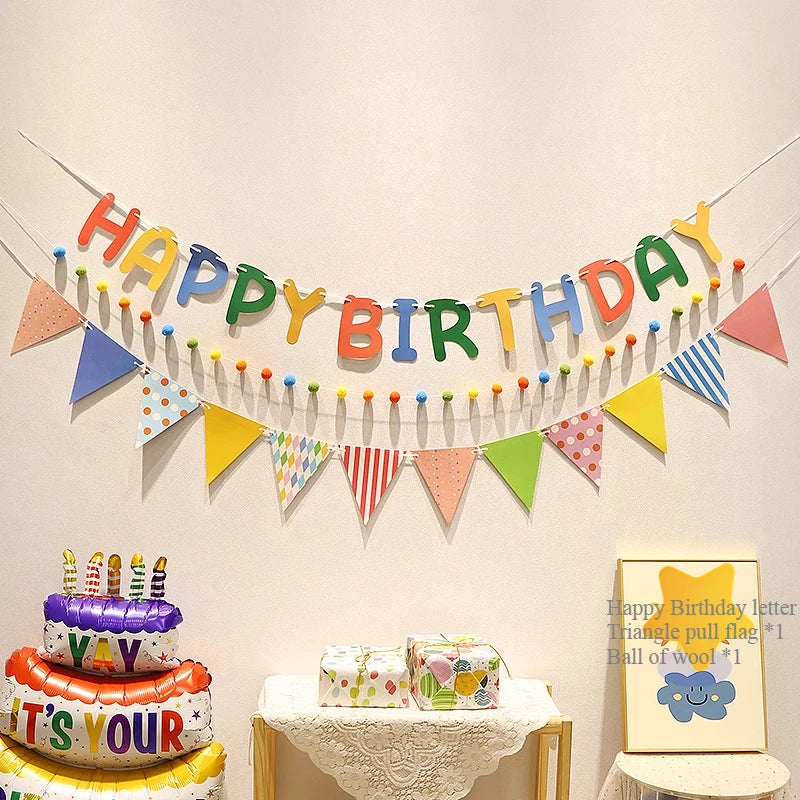 Happy Birthday Hairball Pull Flag Set Decorative Holiday Decor For Adult Children Birthday Home Room Decor Atmosphere New Decor