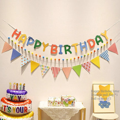 Happy Birthday Hairball Pull Flag Set Decorative Holiday Decor For Adult Children Birthday Home Room Decor Atmosphere New Decor