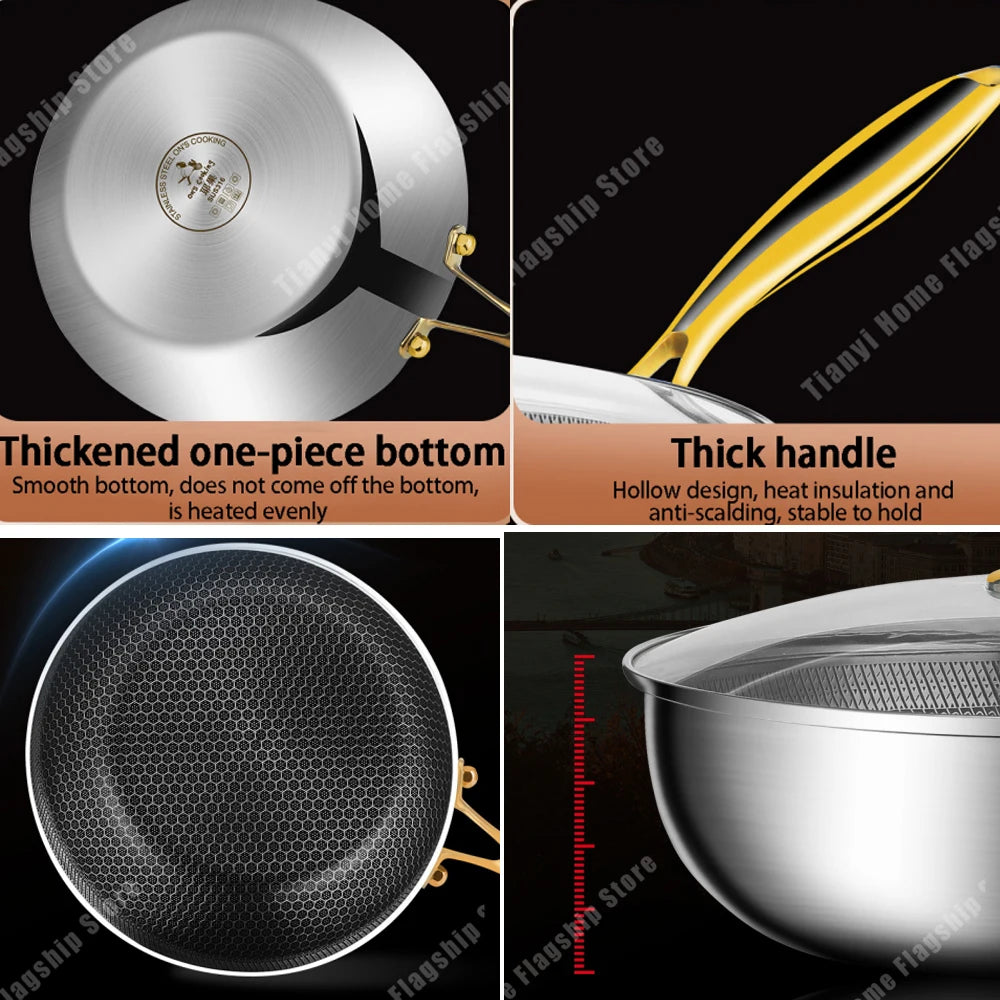 316 Stainless Steel Frying Pan Wok Non-stick Cooking Honeycomb Steak Gas Stove Pot
